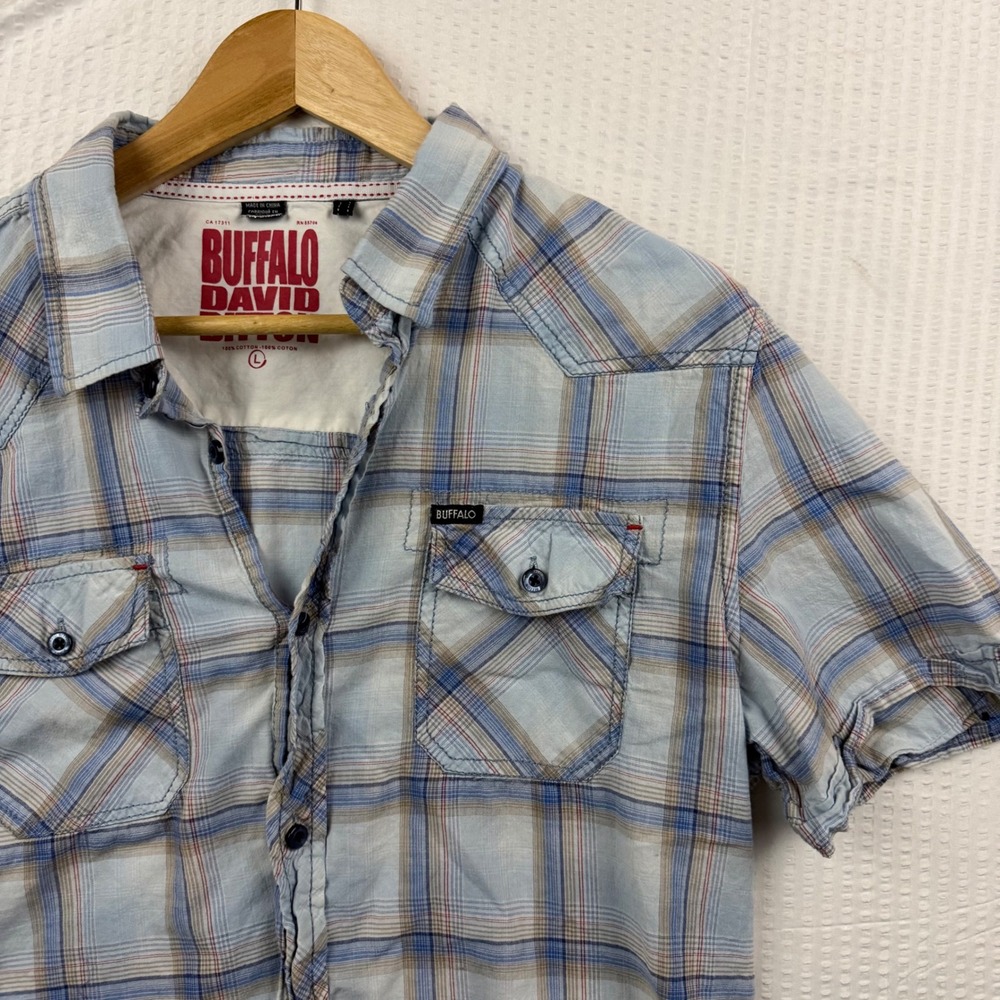 Buffalo David Bitton Mens Blue Plaid Short Sleeve Western Button Down Shirt L